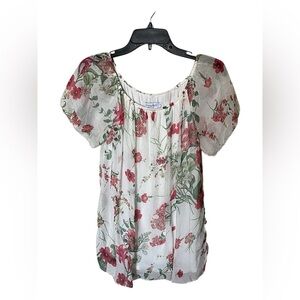 Luisa Ricci Italy Silk Pink/Green Floral Peasant Blouse Shirt Top Size Medium